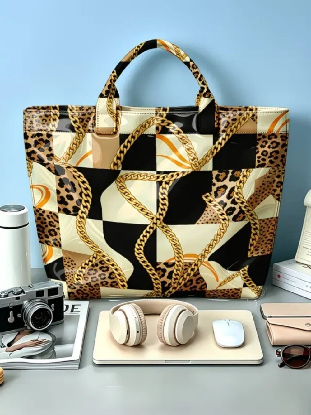 Women Chain Leopard PVC Daily Commute Hand Tote Large